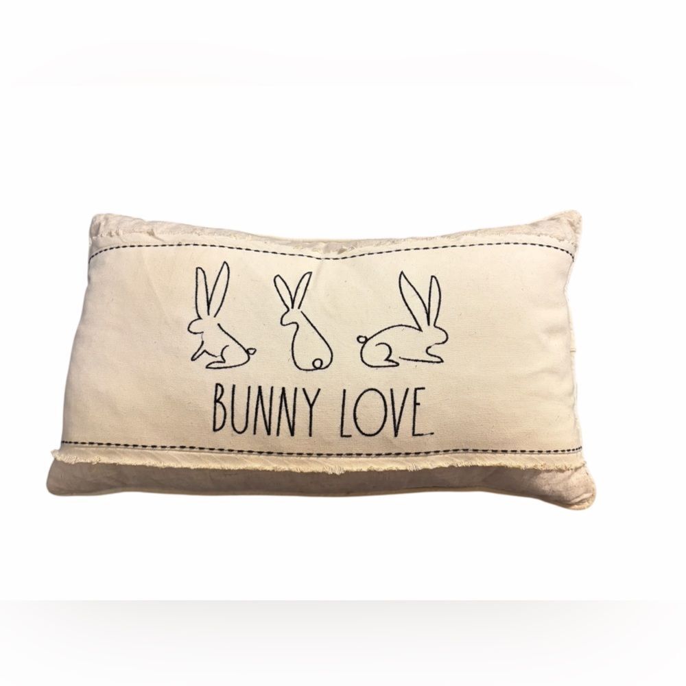 RAE DUNN Beige Linen Long 22" x 13" Bunny Love Black Embroidery THROW PILLOW